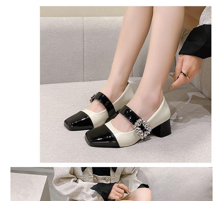 Chunky Heel Cap Toe Rhinestone Accent Faux Leather Mary Jane Pumps Product Image