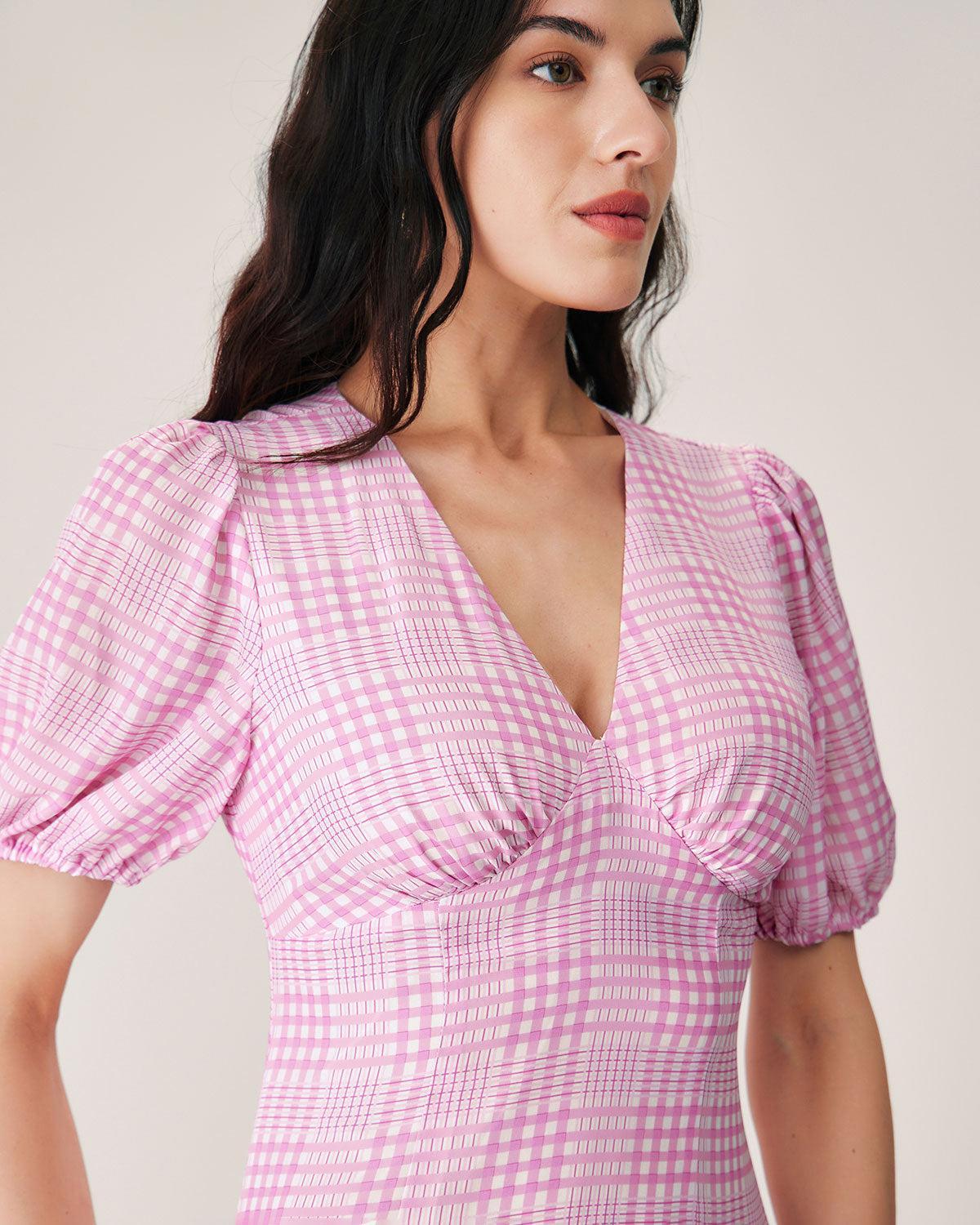 Pink Plaid V-Neck Midi Dress Product Image
