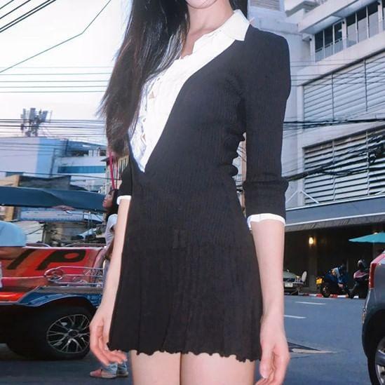 Mock Two-Piece Long-Sleeve Collared Mini A-Line Dress Product Image
