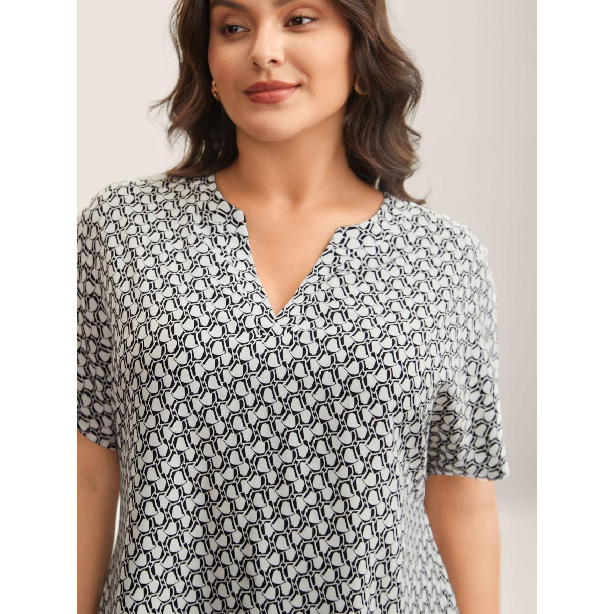 Plus Size Black Geometric Print Notched Collar Blouse Women Short sleeve Notched collar Work Blouses BloomChic 12/L Product Image