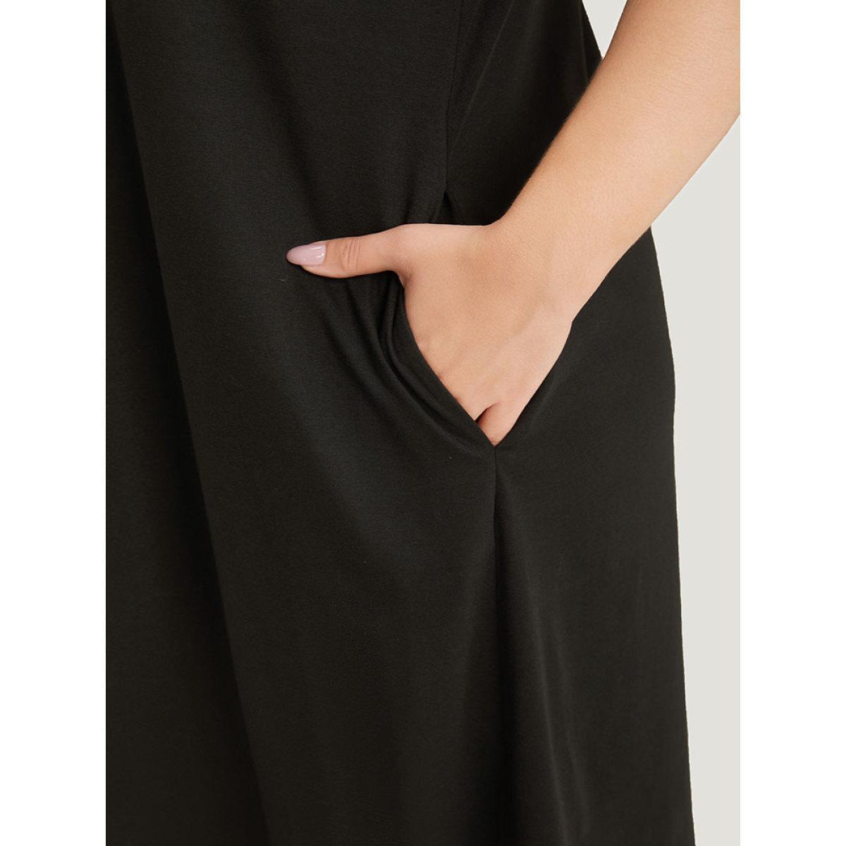 Plus Size Embroidered Pocket Patchwork Tank Midi Dress Black Women Casual Plain Round Neck Sleeveless Curvy Knee Dress BloomChic 14-16/1X Product Image