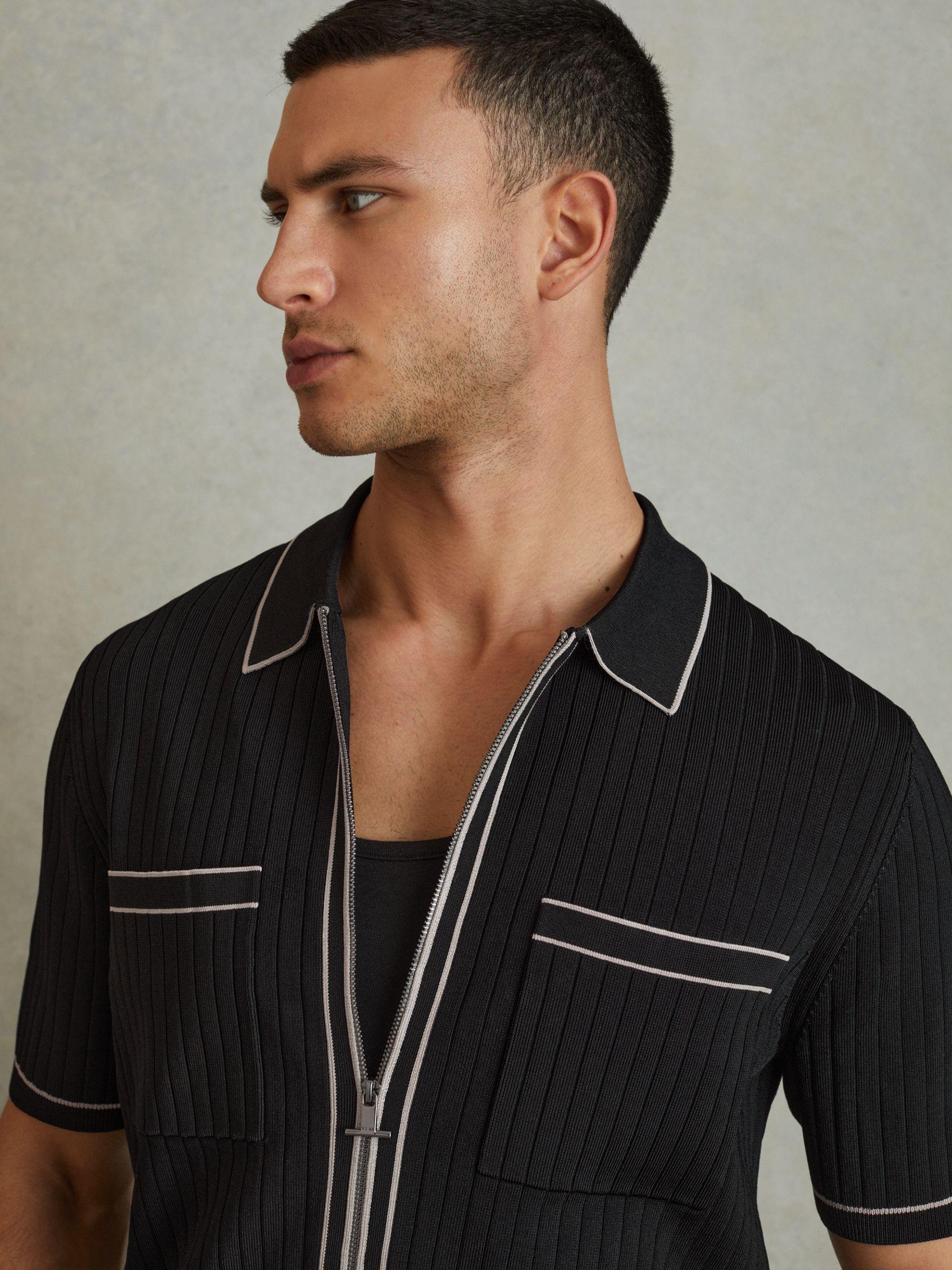 Ribbed Dual Zip-Front Shirt in Black Product Image