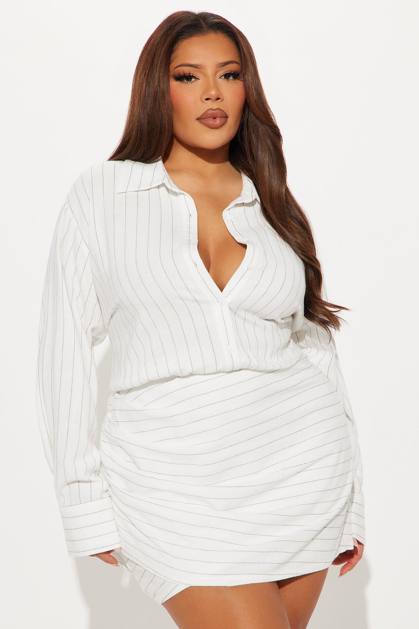 Call My Line Pinstripe Mini Shirt Dress - White Product Image