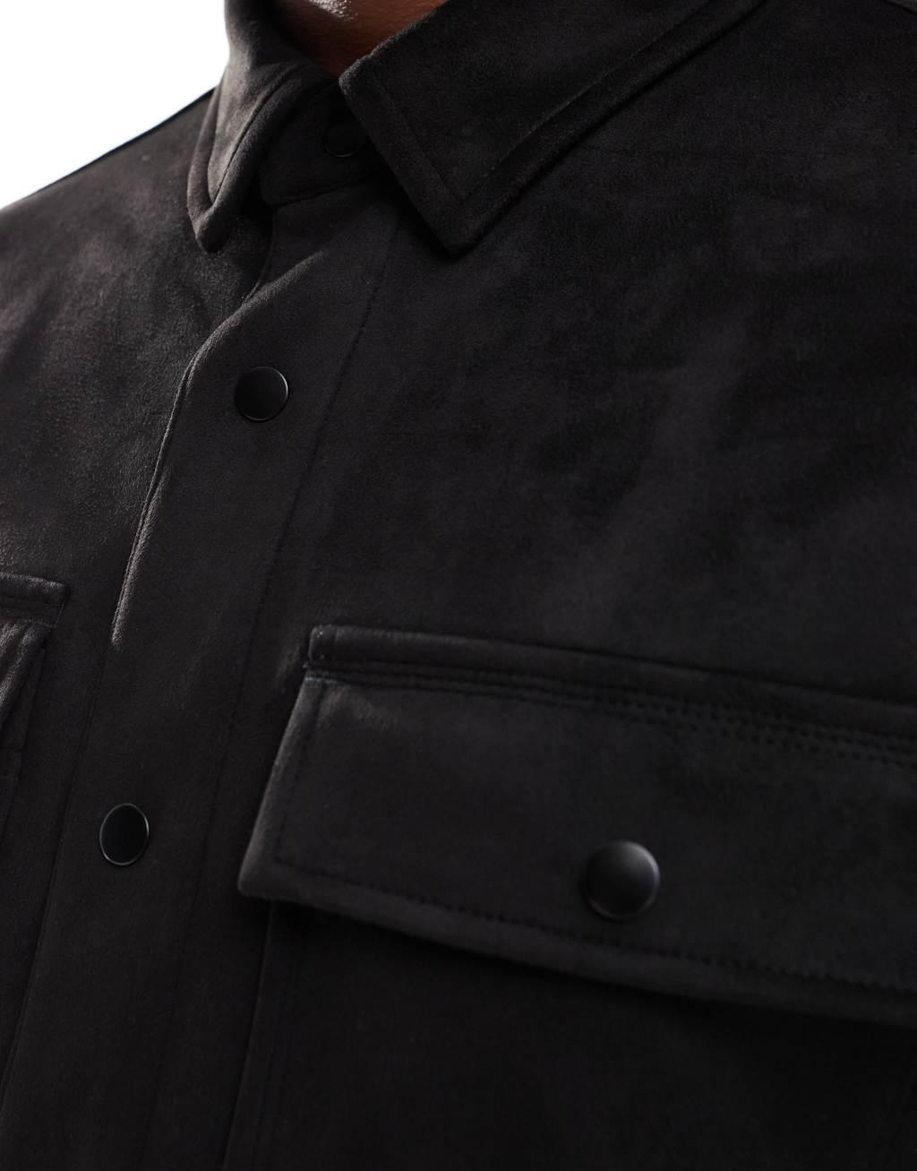 River Island faux suede overshirt in black Product Image