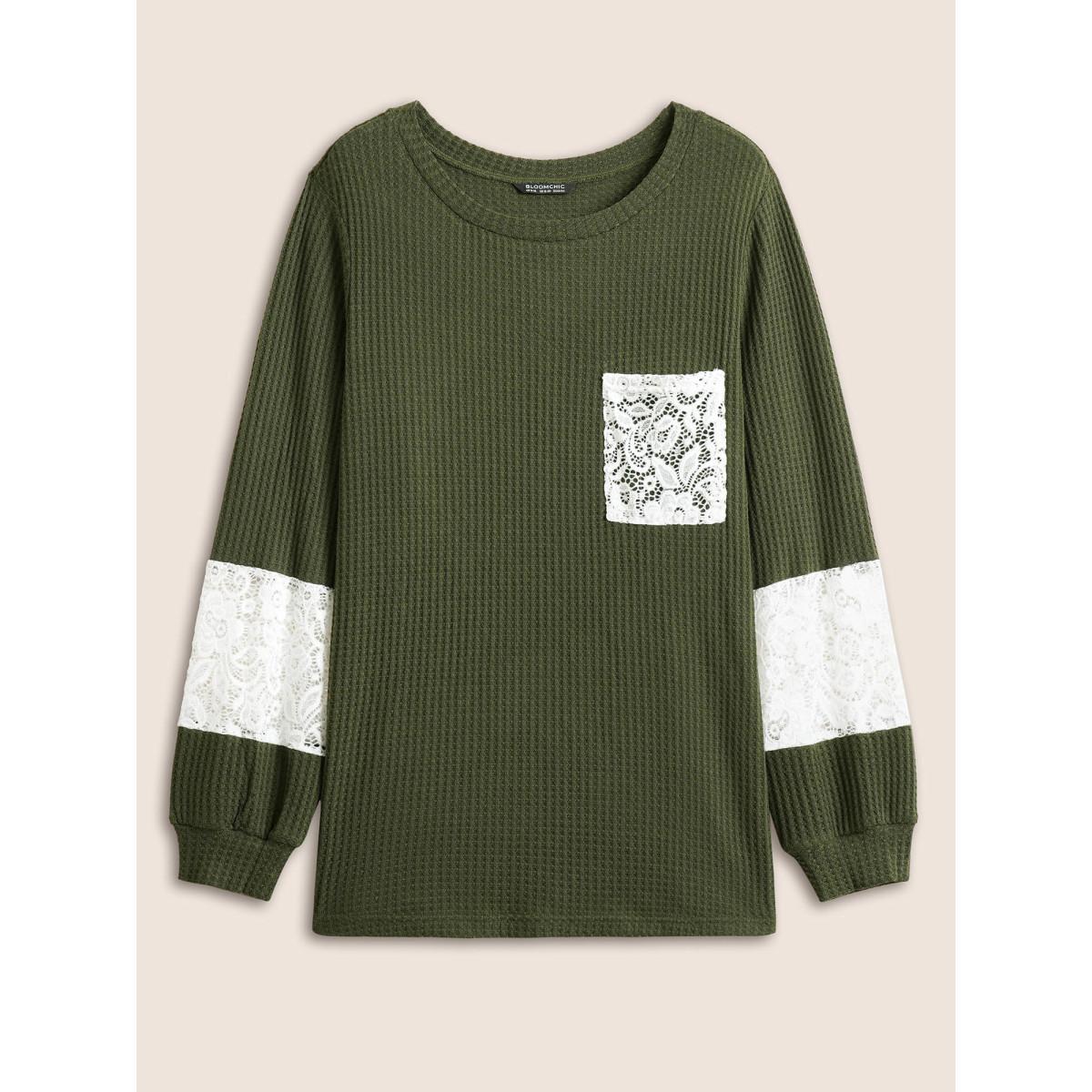 Plus Size Waffle Knit Contrast Lace Patchwork T-shirt ArmyGreen Women Elegant Contrast Plain Round Neck Everyday T-shirts BloomChic 10/M Product Image