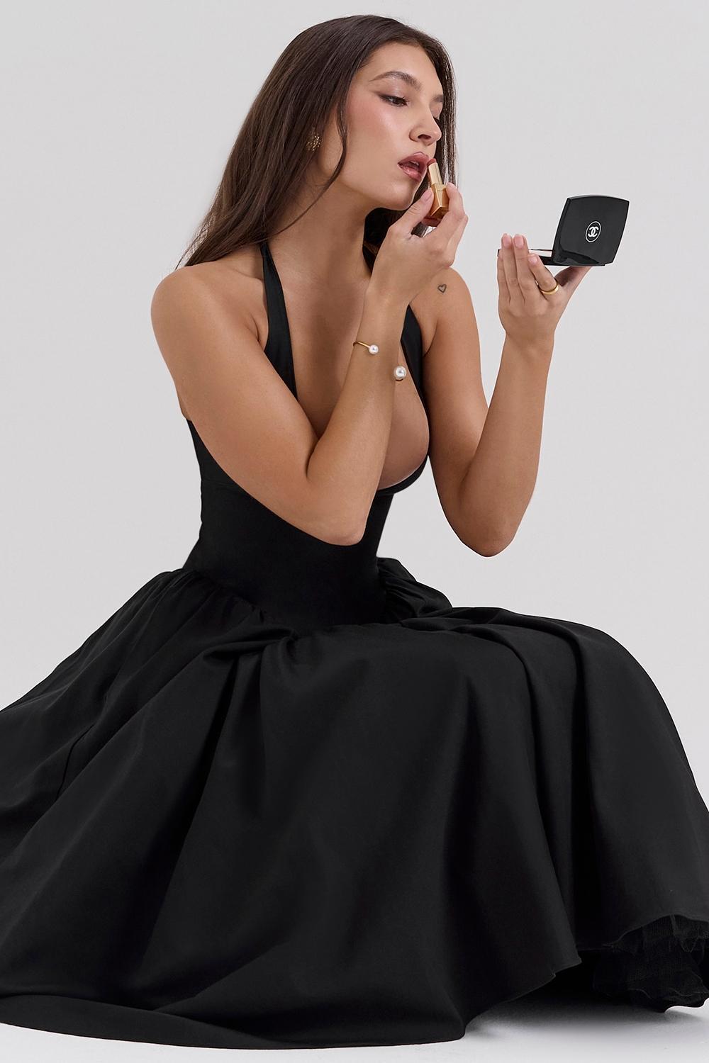 Marilyn Black Twill Halter Midi Dress Product Image