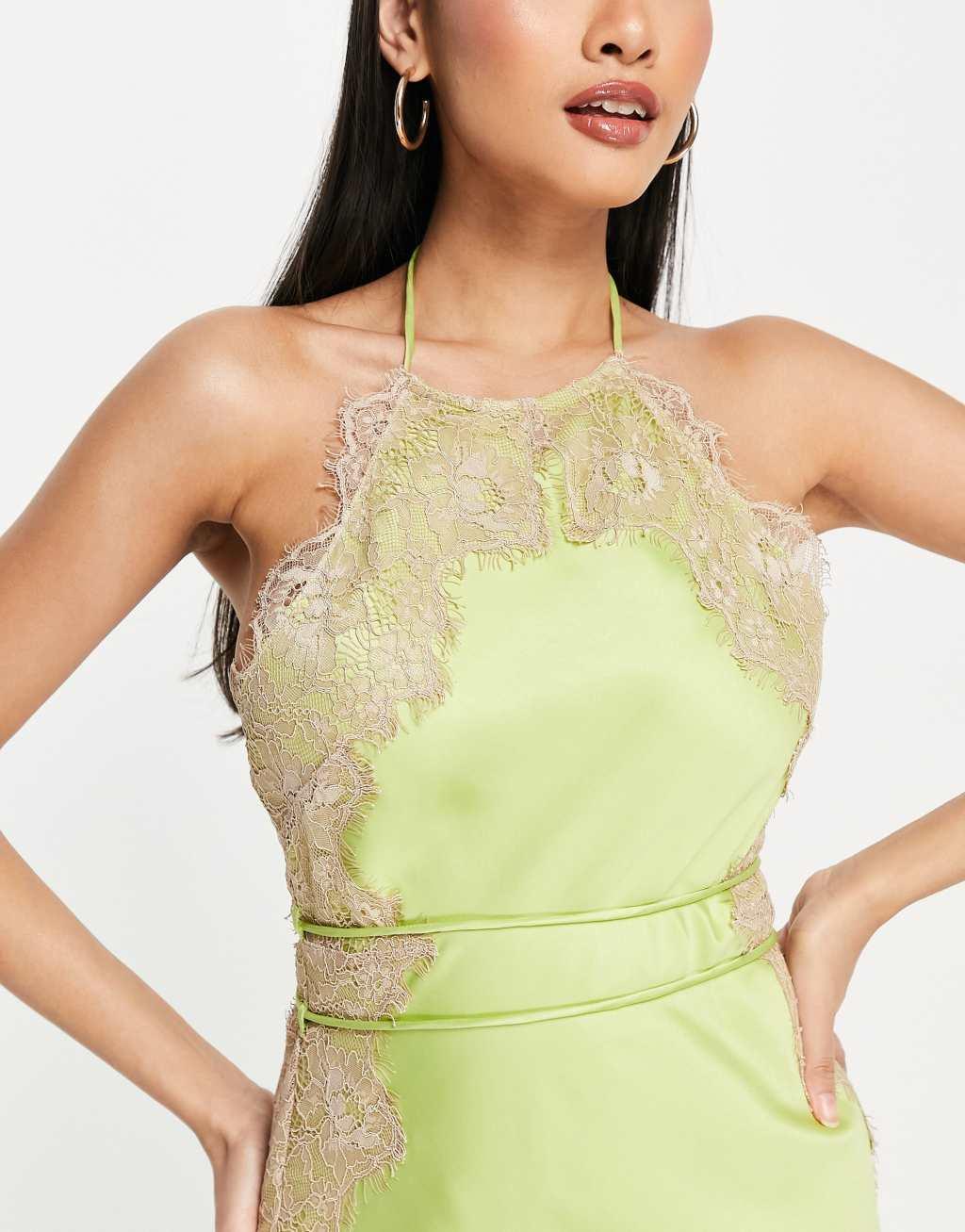 ASOS DESIGN high neck satin lace applique midi dress Product Image