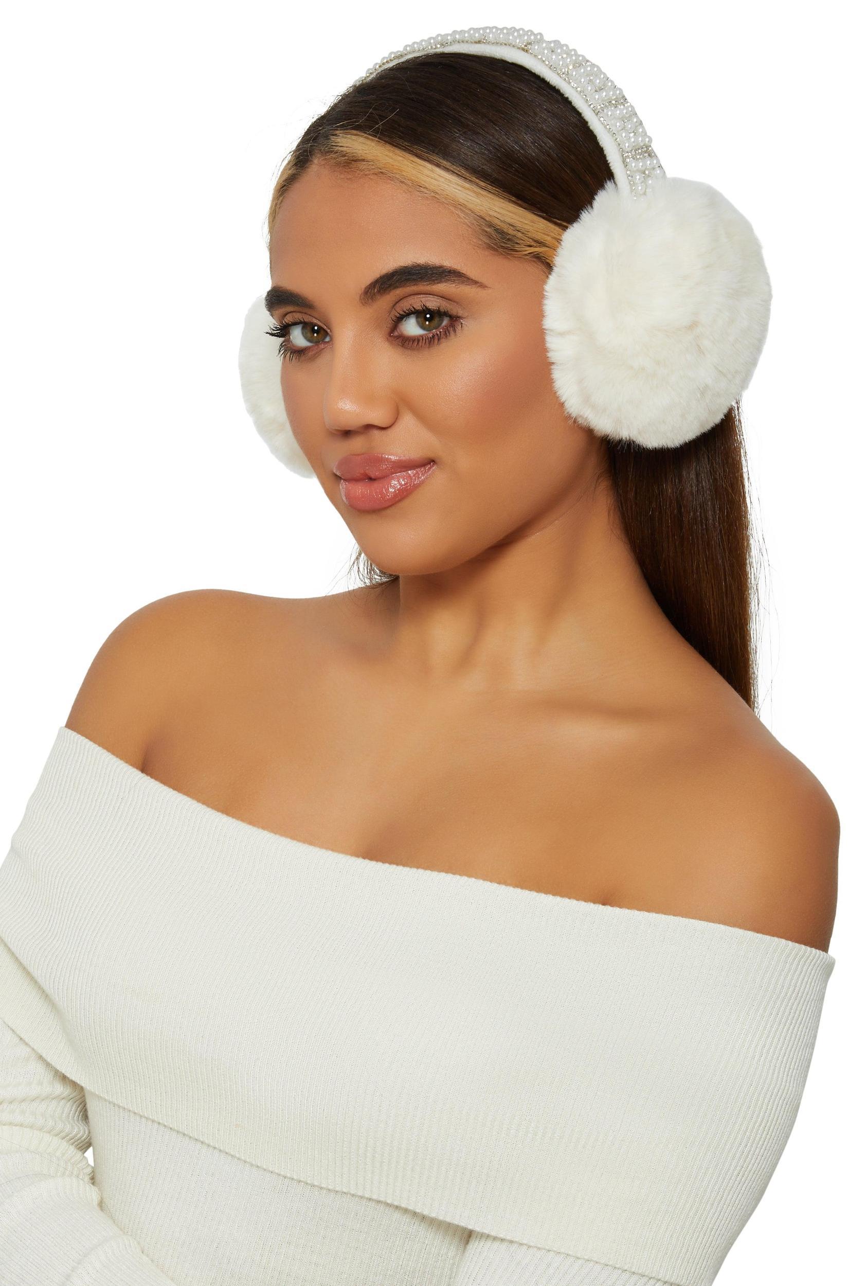 Womens Faux Fur Pearl Studded Faux Fur Earmuffs Product Image