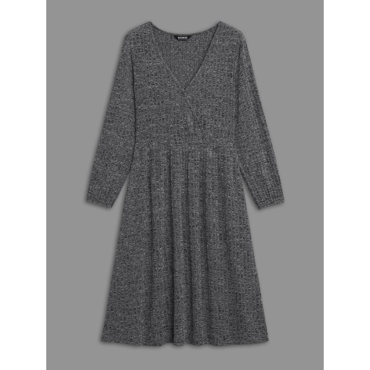 Plus Size Pit Strip Overlap Collar Midi Dress DarkGray Women Casual Texture Knit Dresses Bloomchic 26/4X Product Image