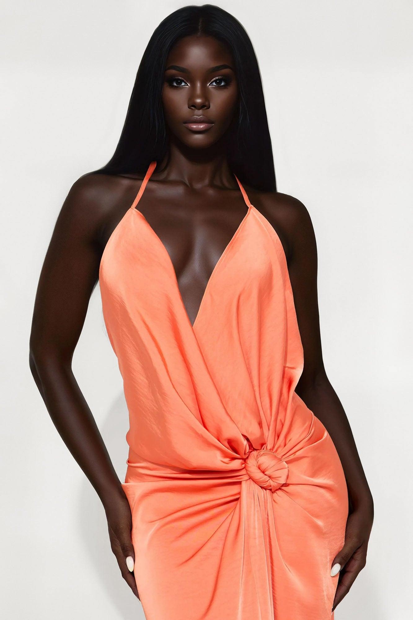 Evening Bliss Backless Satin Maxi Dress - Orange Product Image