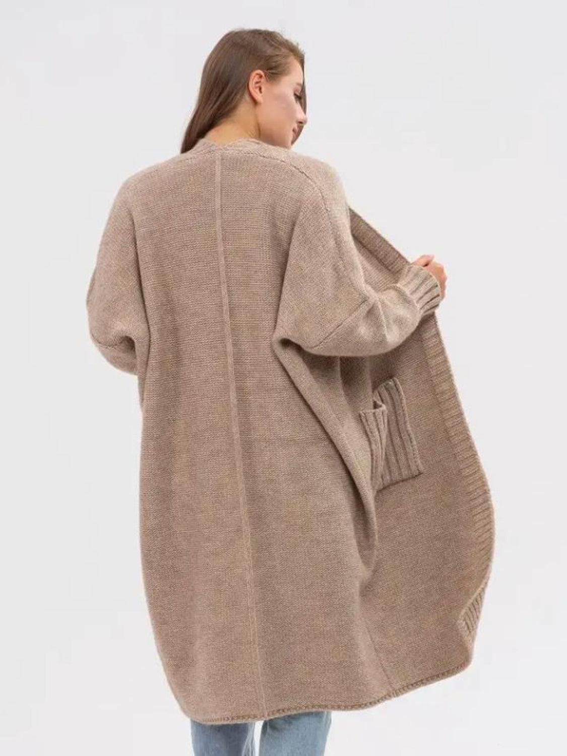 Pocketed Open Front Long Sleeve Longline Cardigan Product Image