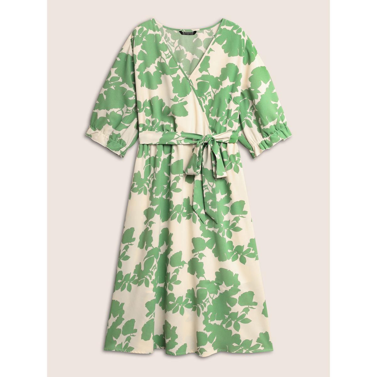 Plus Size Silhouette Floral Print Overlap Collar Lantern Sleeve Dress Mint Women Elegant Overlapping Overlap Collar Elbow-length sleeve Curvy Midi Dress BloomChic 14-16/1X Product Image