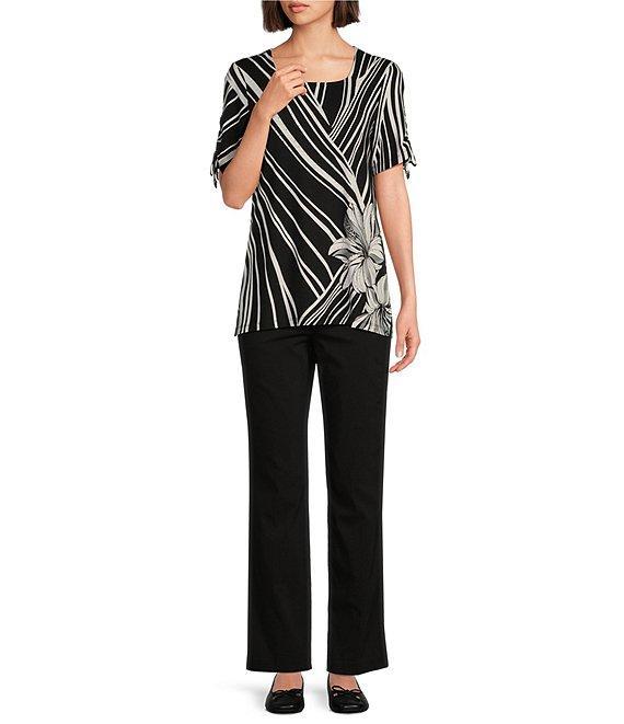 Allison Daley Petite Size Hibiscus Wave Print Short Ruched Tie Sleeve Square Neck Knit Top Product Image