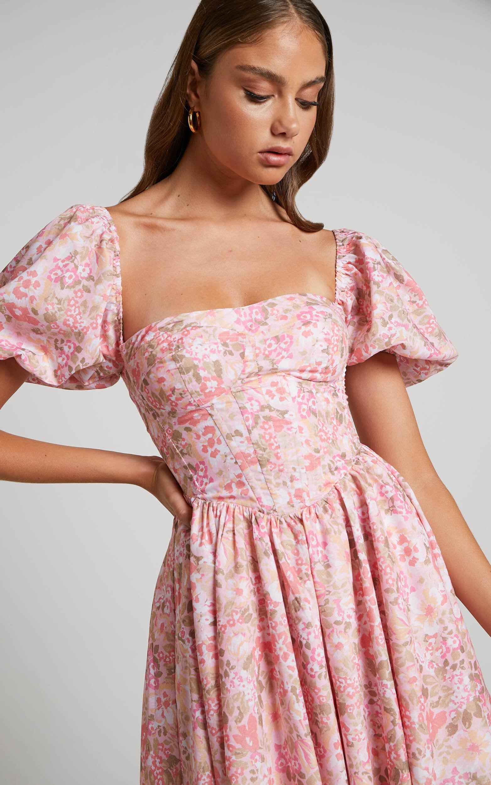 Phorchia Mini Dress - Fit and Flare Puff Sleeve Corset Dress in Fleur Print Product Image