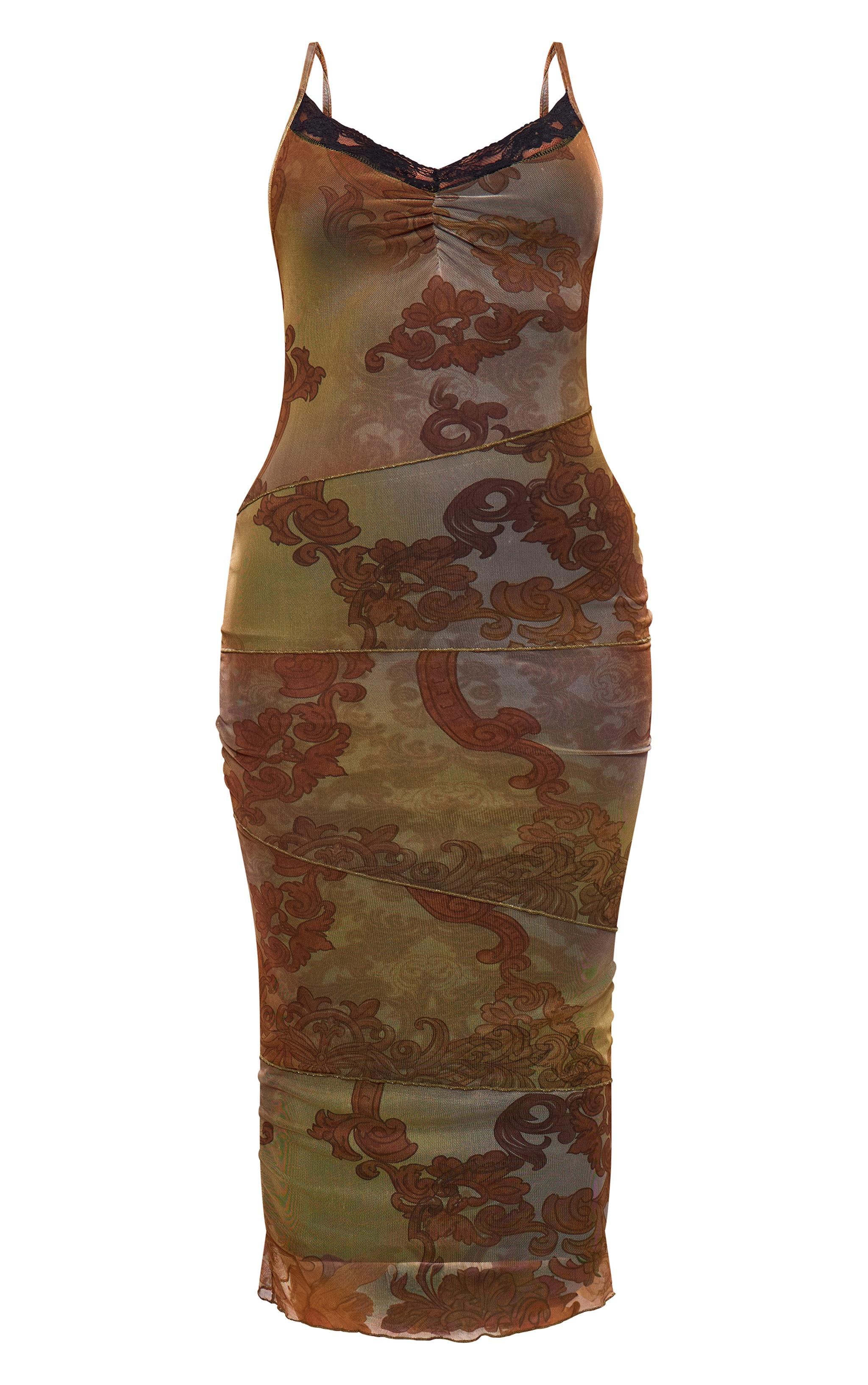 Olive Ombre Mesh Lace Trim Ruched Front Midaxi Dress Product Image