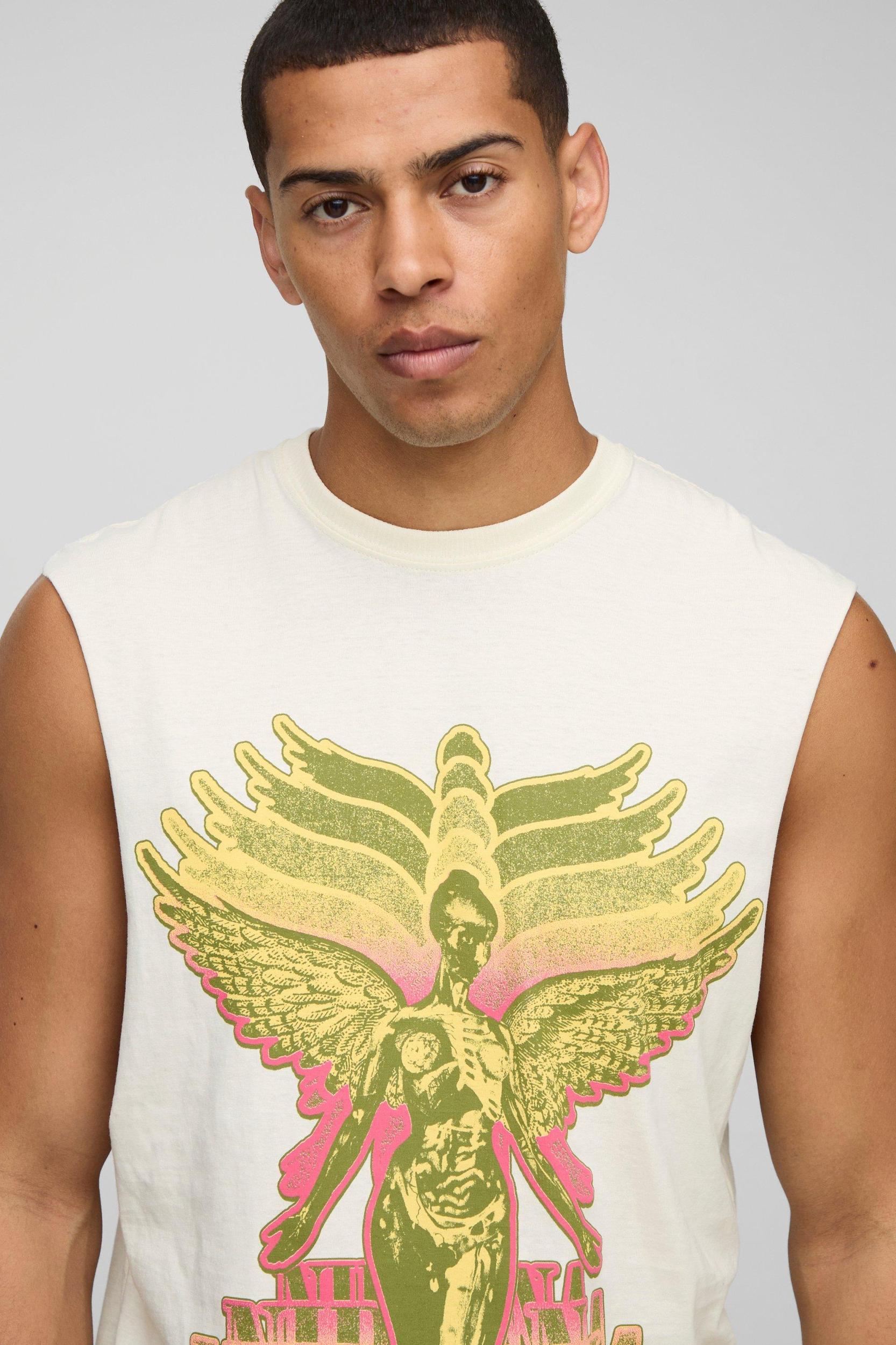 Ecru Regular Fit Nirvana License Tank | boohooMAN USA Product Image