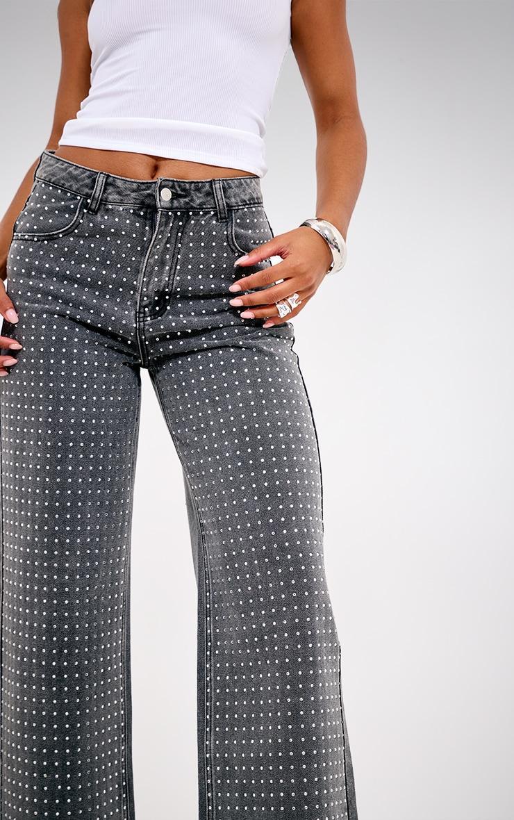 Washed Grey Diamante Front Straight Leg Jeans Product Image