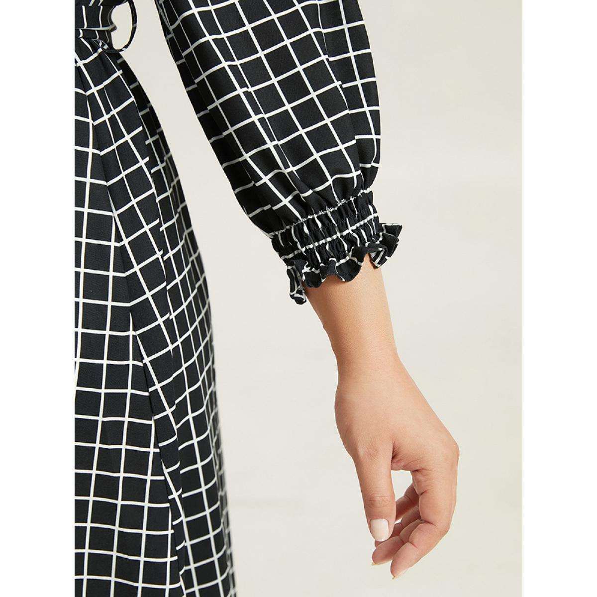 Plus Size Gingham Button Detail Pocket Lantern Sleeve Dress Black Women At the Office Belted V-neck Long Sleeve Curvy Midi Dress BloomChic 14-16/1X Product Image