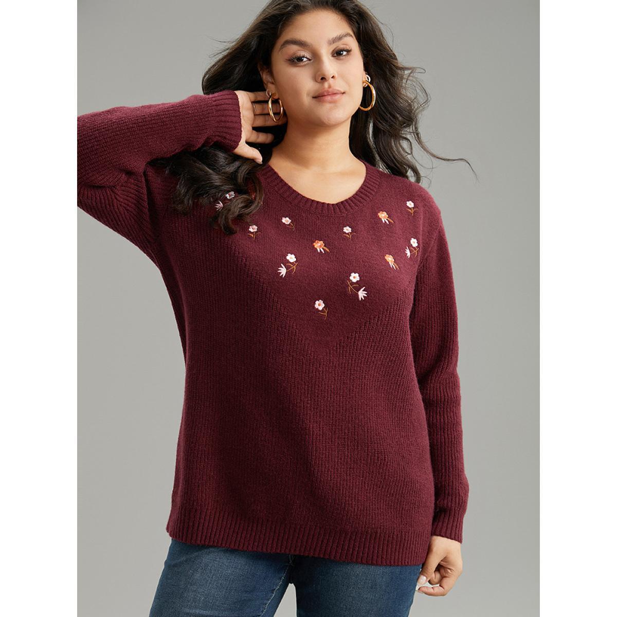 Plus Size Floral Embroidered Loose Elastic Cuffs Pullover Burgundy Women Casual Loose Long Sleeve Round Neck Dailywear Pullovers BloomChic 14-16/1X Product Image