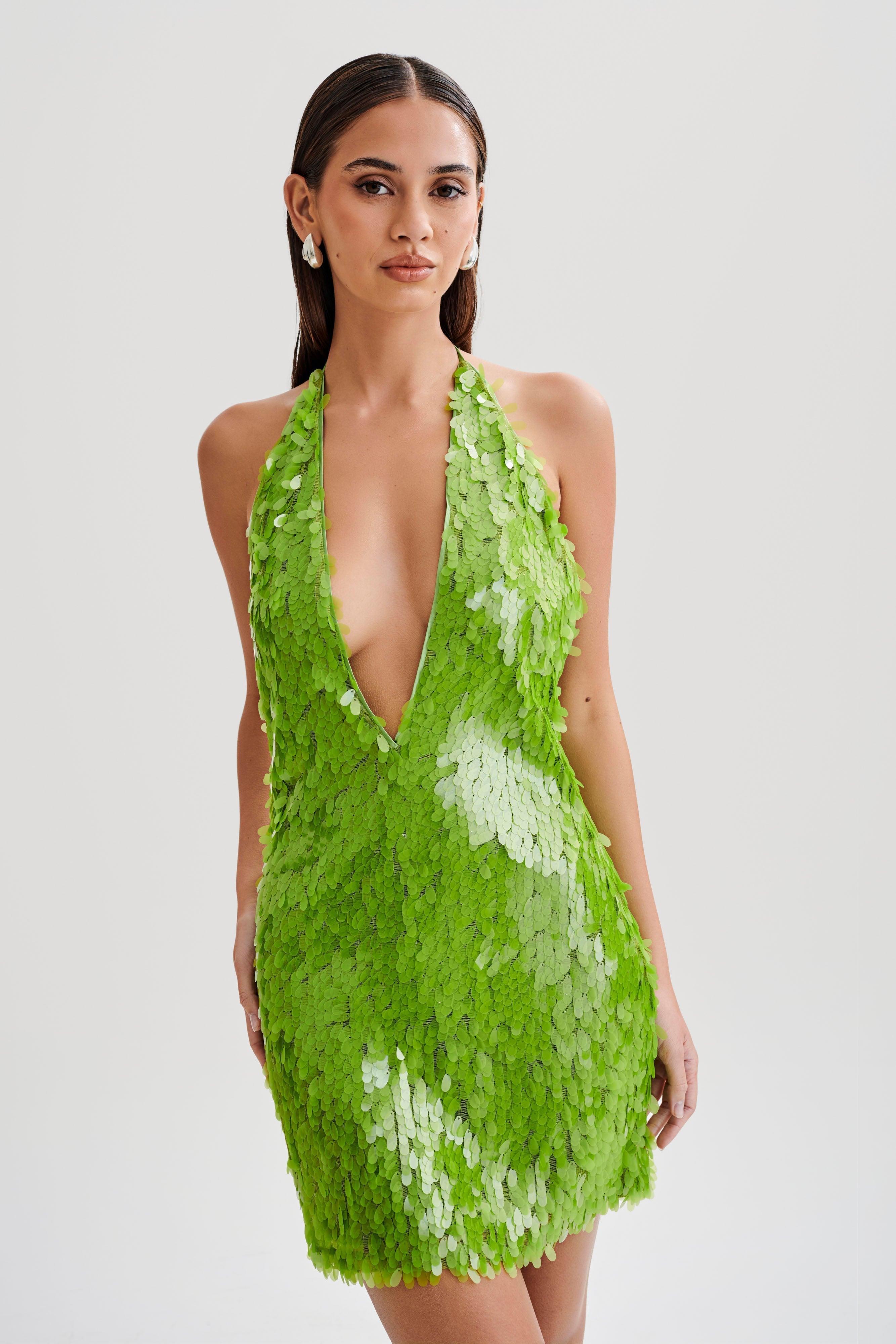 Primrose Sequin Halter Mini Dress - Parakeet Green Product Image