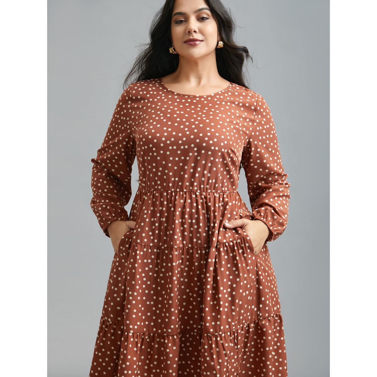 Plus Size Polka Dot Waist-Cinched Tiered Dress Rust Women At the Office Ruffles Round Neck Long Sleeve Curvy BloomChic 22-24/3X Product Image