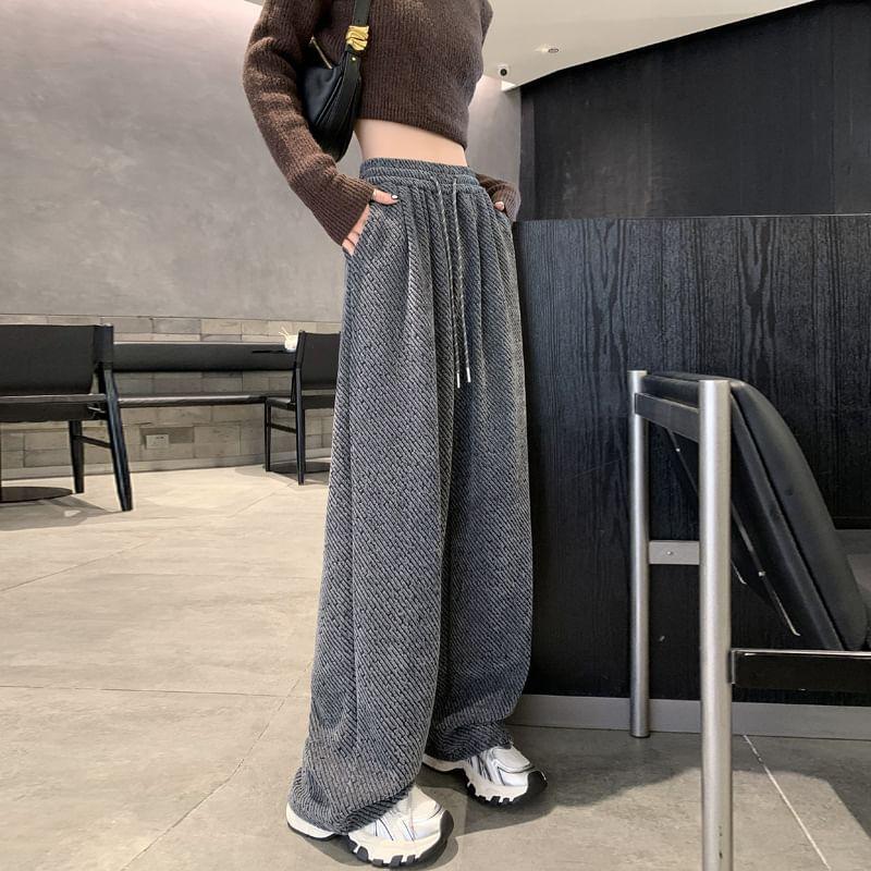 Drawstring Waist Glitter Fleece-Lined Wide Leg Pants Product Image