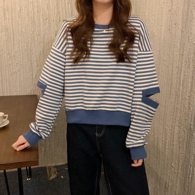 Crewneck Striped Cutout Pullover Product Image