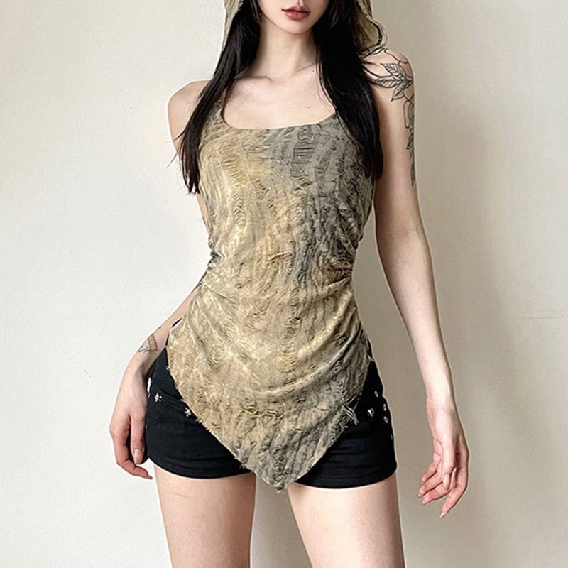 Sleeveless Square-Neck Distressed Slim-Fit Hooded Top Product Image