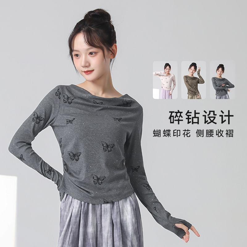 Long-Sleeve Boatneck Thumbhole Butterfly Print Top Product Image