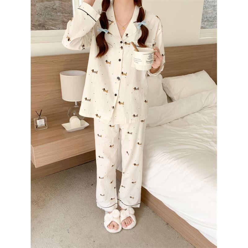 Couple Matching Pajama Set: Long-Sleeve Lapel Collar Dog Print Button-Up Top + Pants (Various Designs) Product Image