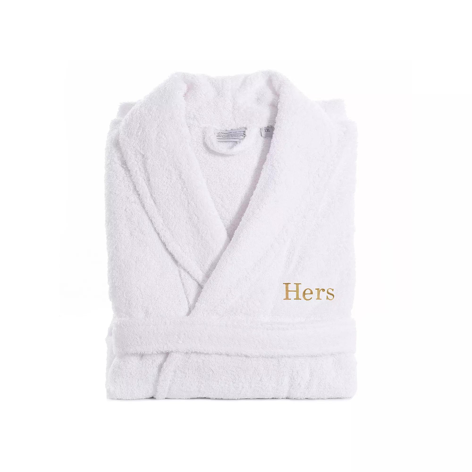 Women's Linum Home Textiles Turkish Cotton Embroidered Cursive ''Hers'' Terry Bathrobe, Size: Large/XS, Gold Product Image