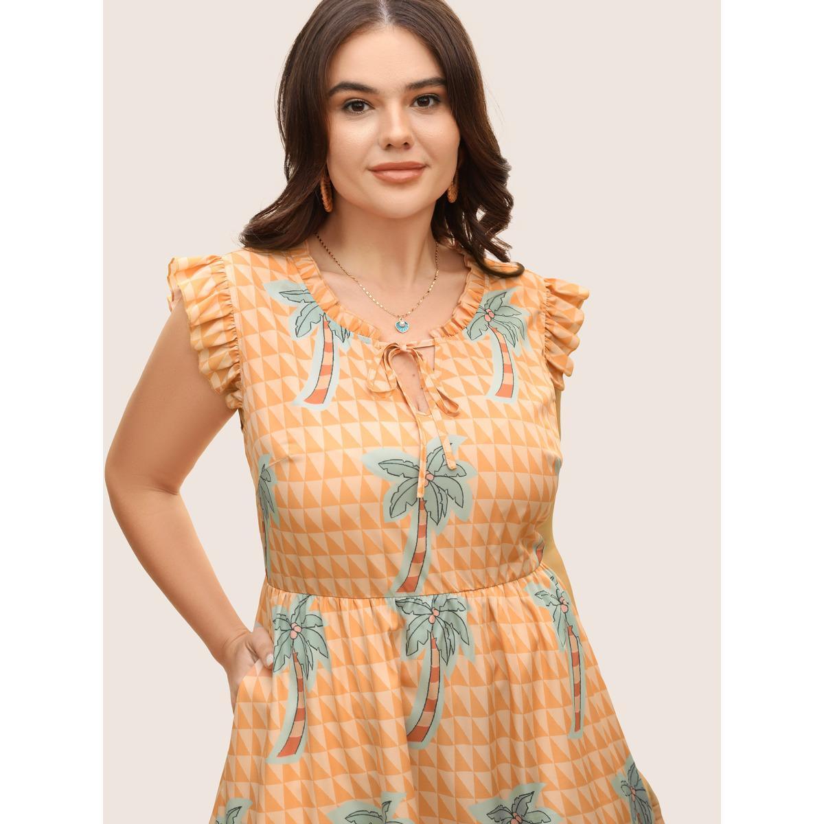 Plus Size Tropical Print Tie Knot Ruffle Cap Sleeve Dress Lightorange Women Resort Tie knot Round Neck Cap Sleeve Curvy BloomChic 28/5X Product Image