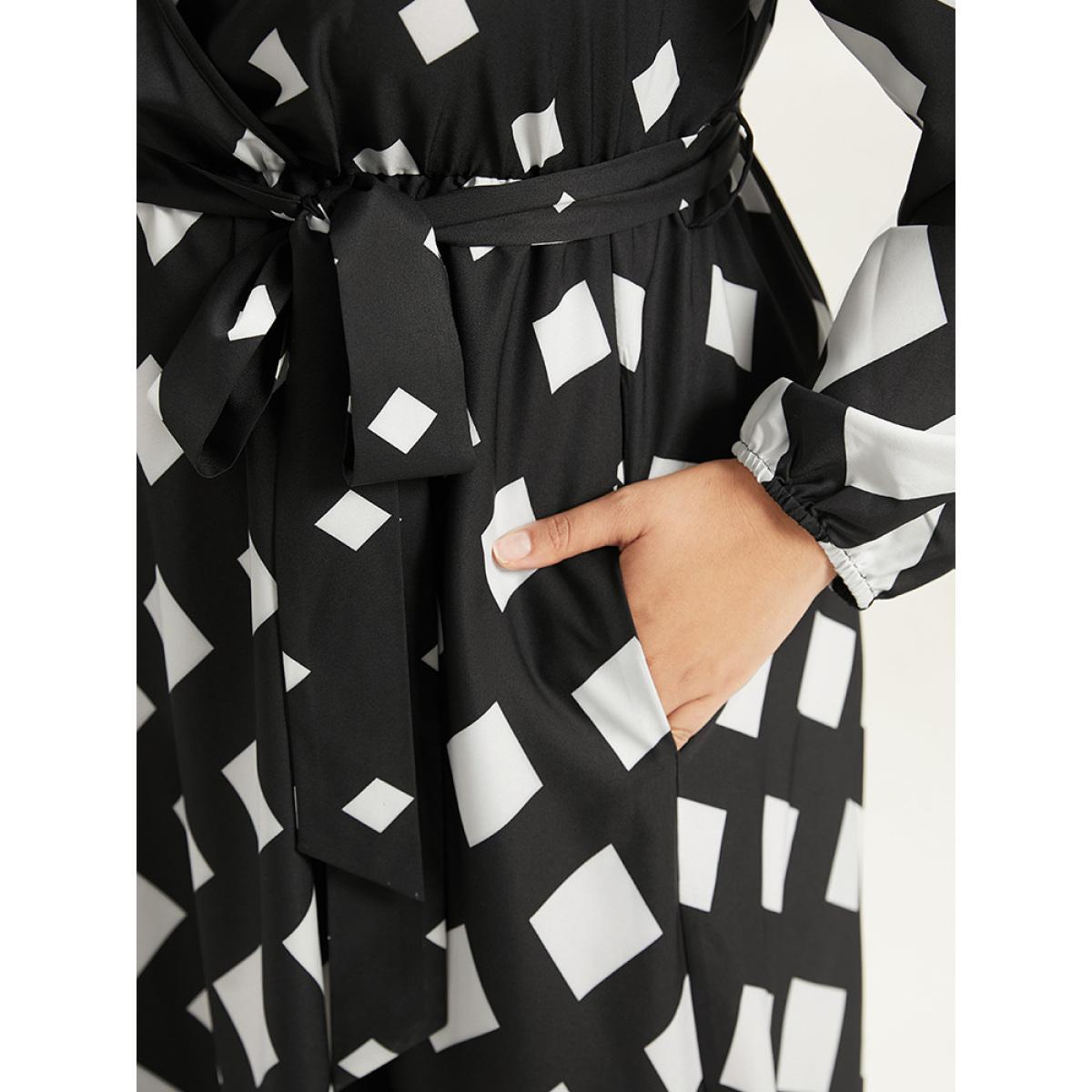 Plus Size Geometric Print Belted Lantern Sleeve Dress BlackFlower Women Office Elastic cuffs V-neck Long Sleeve Curvy Midi Dress BloomChic 30/6X Product Image