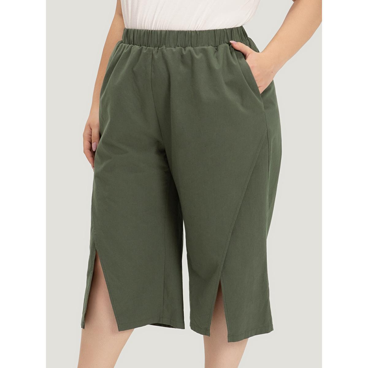 Plus Size Solid Pocket Wrap Hem Elastic Waist Pants Women ArmyGreen Casual Straight Leg High Rise Dailywear Pants BloomChic 10/M Product Image