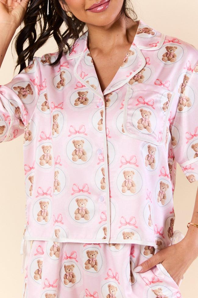 Snuggled Up Teddy Bear Printed Contrast Tie Detail Satin Short Sleeve Pajama Top Product Image