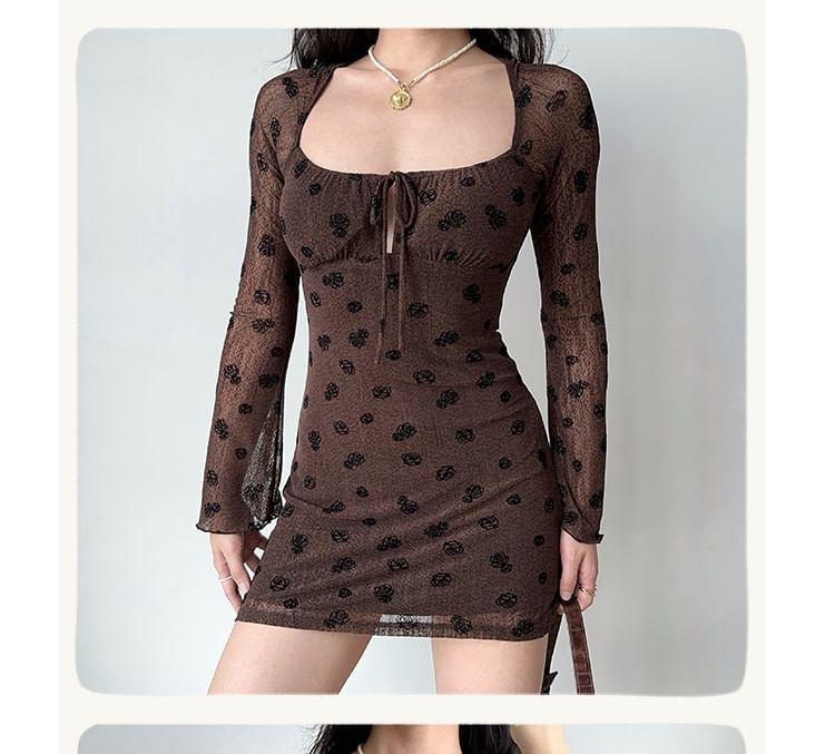 Long-Sleeve Scoop Neck Floral Jacquard Cutout Tie Front Mini Bodycon Dress Product Image
