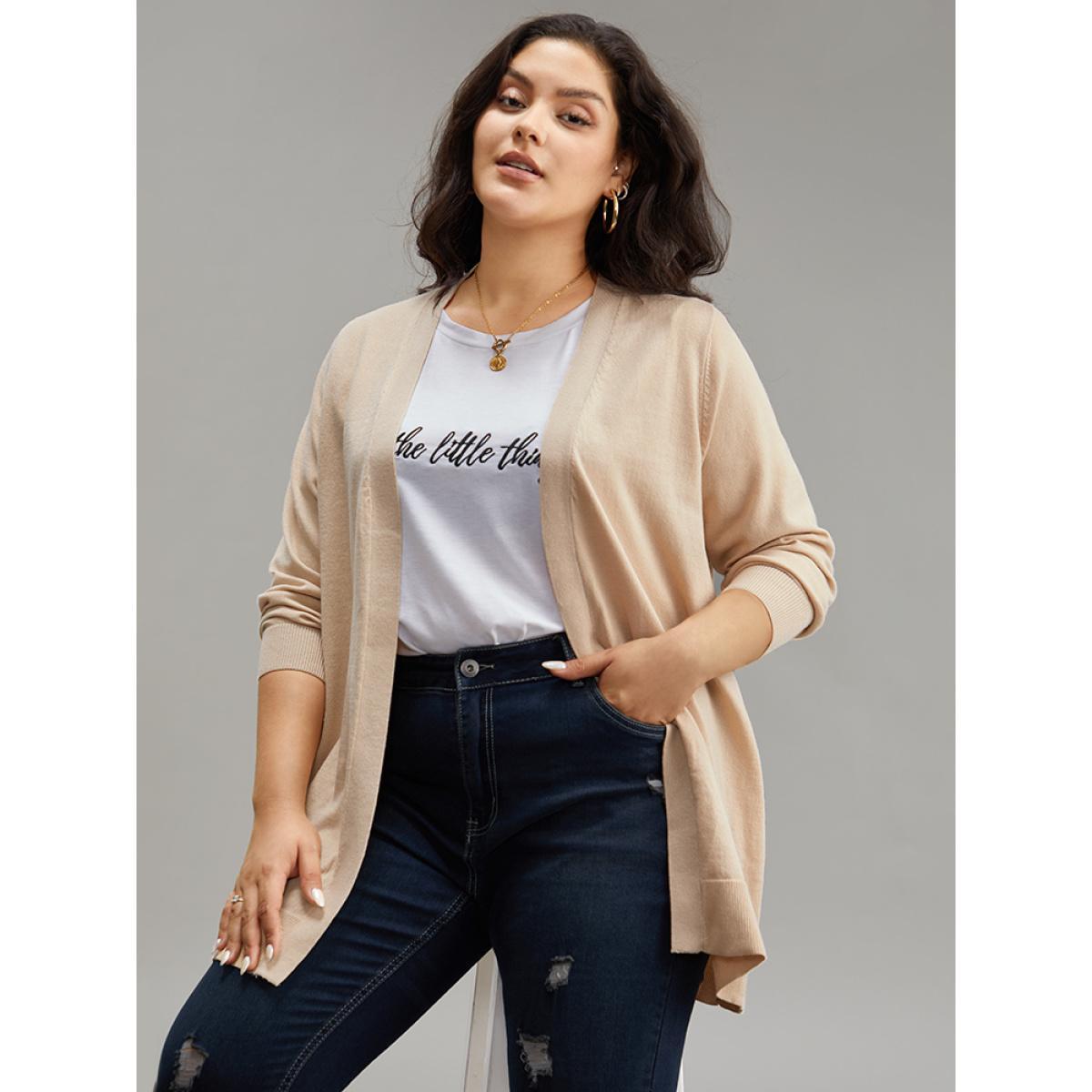 Plus Size Solid Elastic Cuffs Open Front Cardigan Champagne Women Casual Loose Long Sleeve Everyday Cardigans BloomChic 14-16/1X Product Image