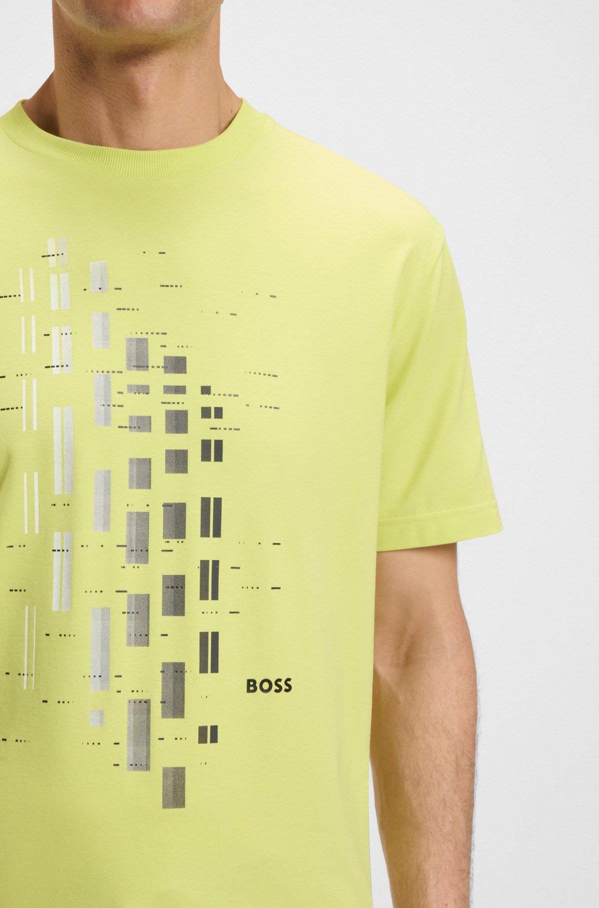 BOSS - Stretch-cotton T-shirt with geometric print - Light Green Product Image