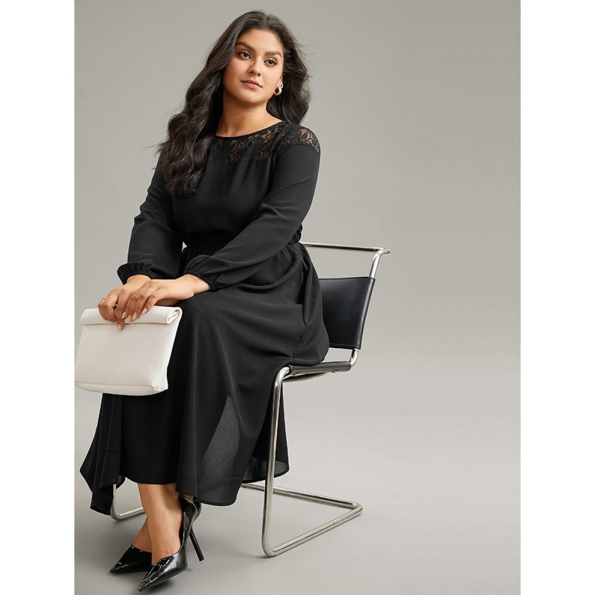 Plus Size Lace Panel Patchwork Lantern Sleeve Dress Black Women At the Office Elastic cuffs Round Neck Long Sleeve Curvy Midi Dress BloomChic 10/M Product Image