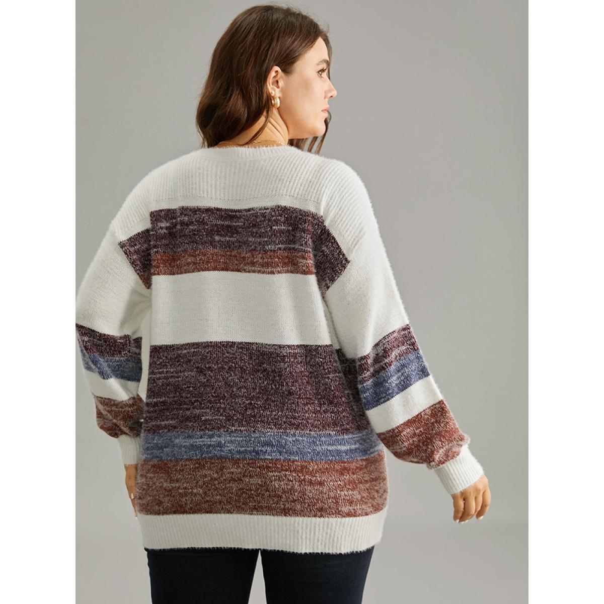 Plus Size Colorblock Fuzzy Drop Shoulder Pullover Multicolor Women Casual Loose Long Sleeve Round Neck Dailywear Pullovers BloomChic 10/M Product Image