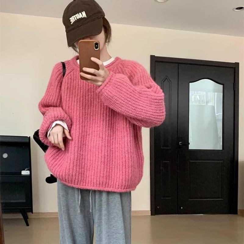 Round Neck Plain Ribbed Sweater Product Image