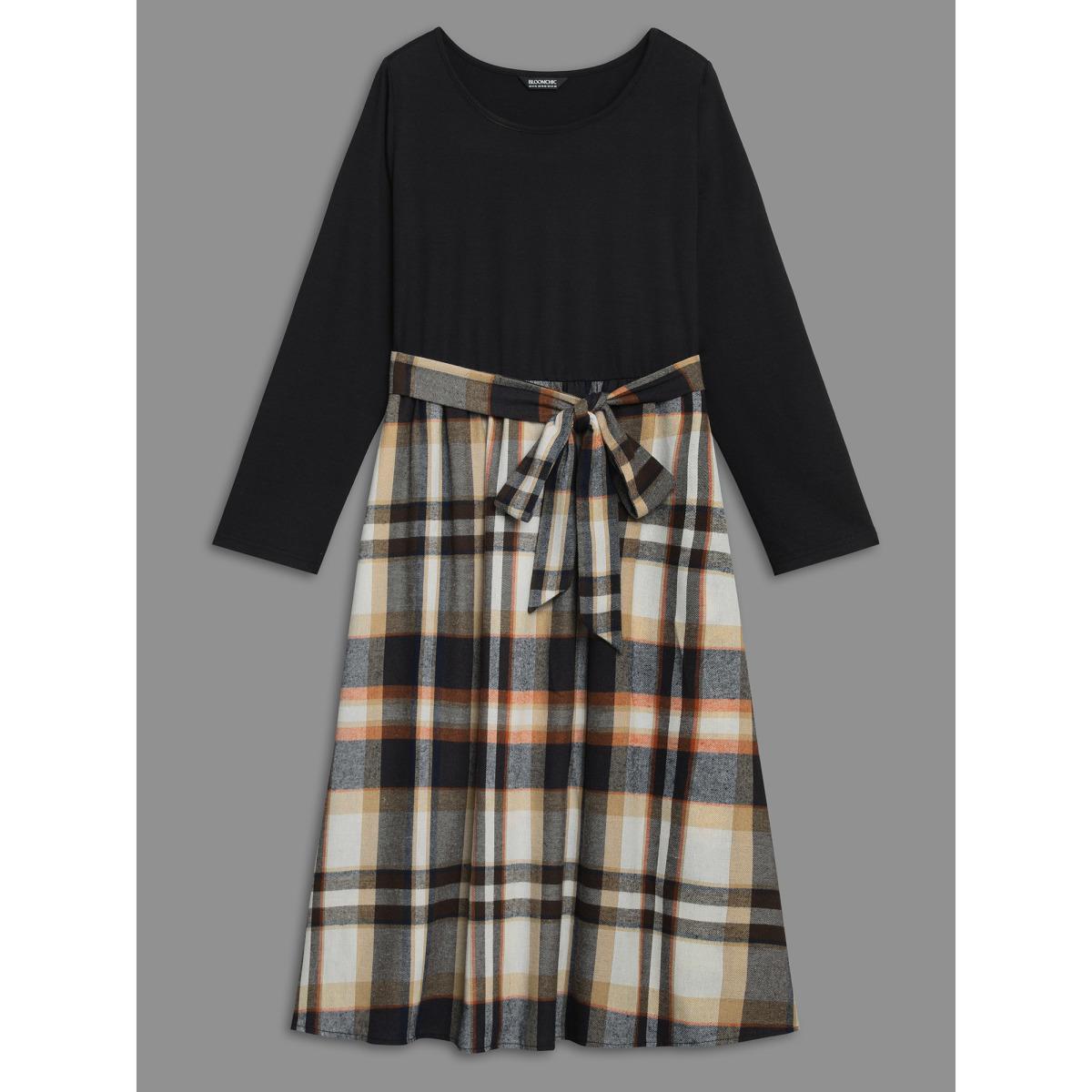 Plus Size Plaid Patchwork Elastic Waist Belted Dress Black Women Casual Belted Round Neck Long Sleeve Curvy BloomChic 10/M Product Image
