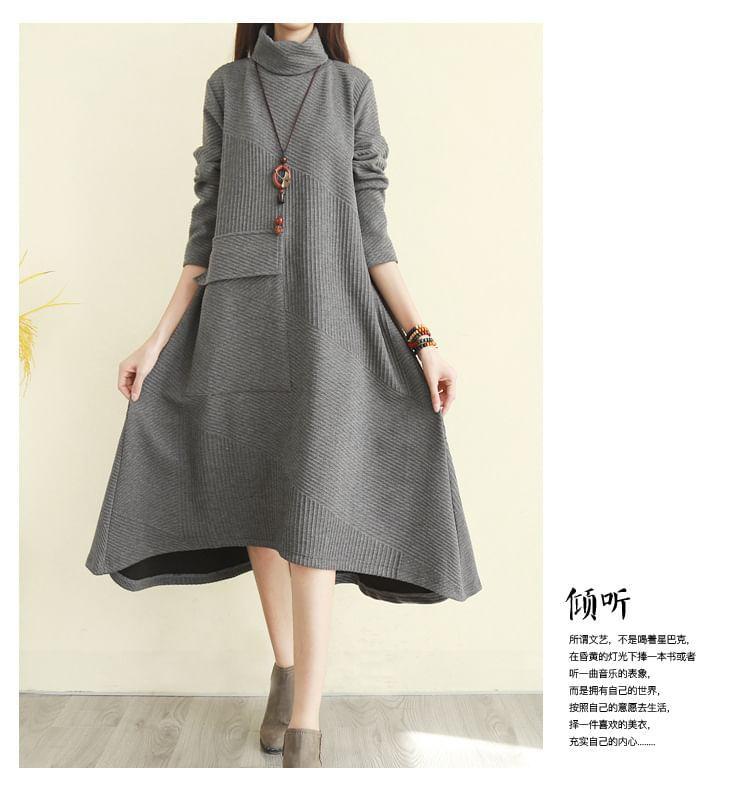 Long-Sleeve Turtleneck Plain Asymmetrical Midi Tunic Dress Product Image