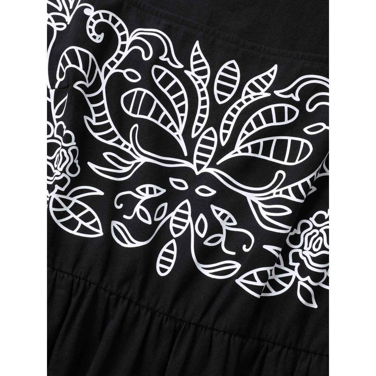 Plus Size Square Neck Bandana Print Cap Sleeve Dress Black Women Resort Ruffles Square Neck Cap Sleeve Curvy BloomChic 28/5X Product Image