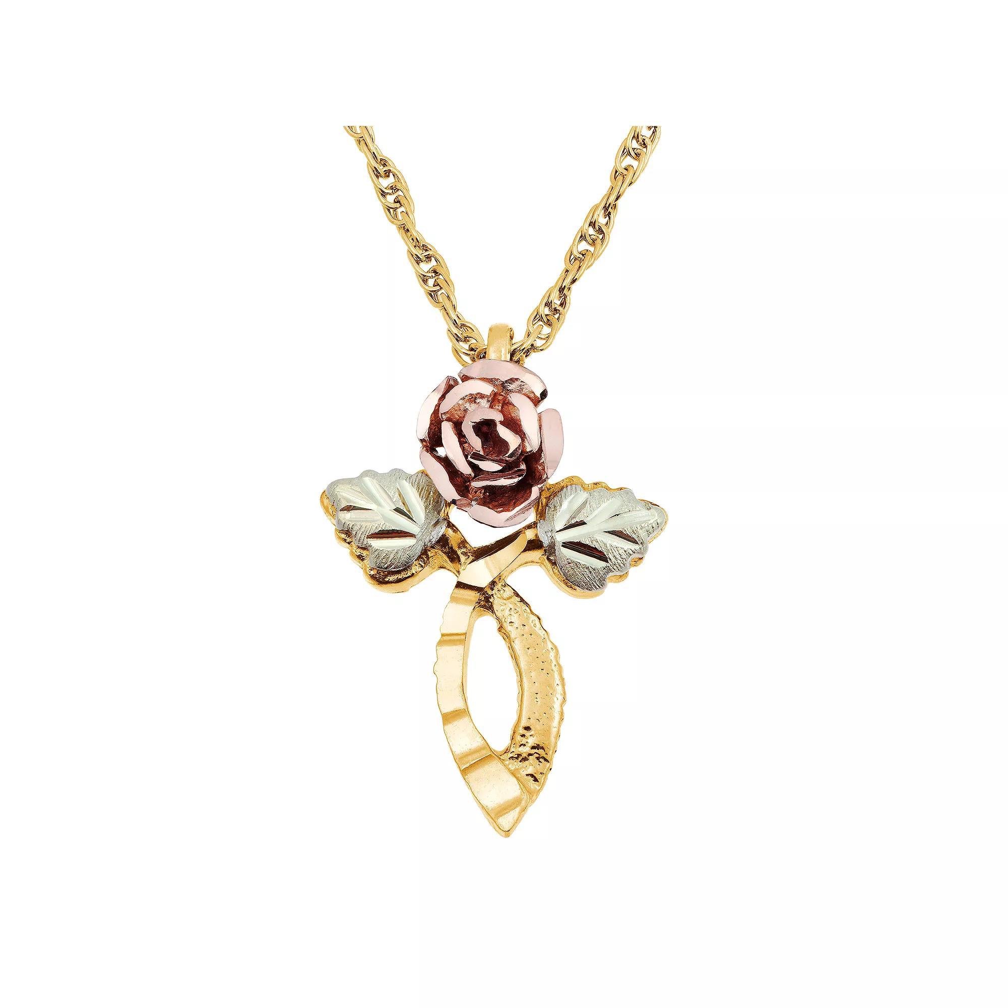 Black Hills Gold Tri-Tone Rose Cross Pendant Necklace, Women's, Size: 18", 10k Gold Product Image