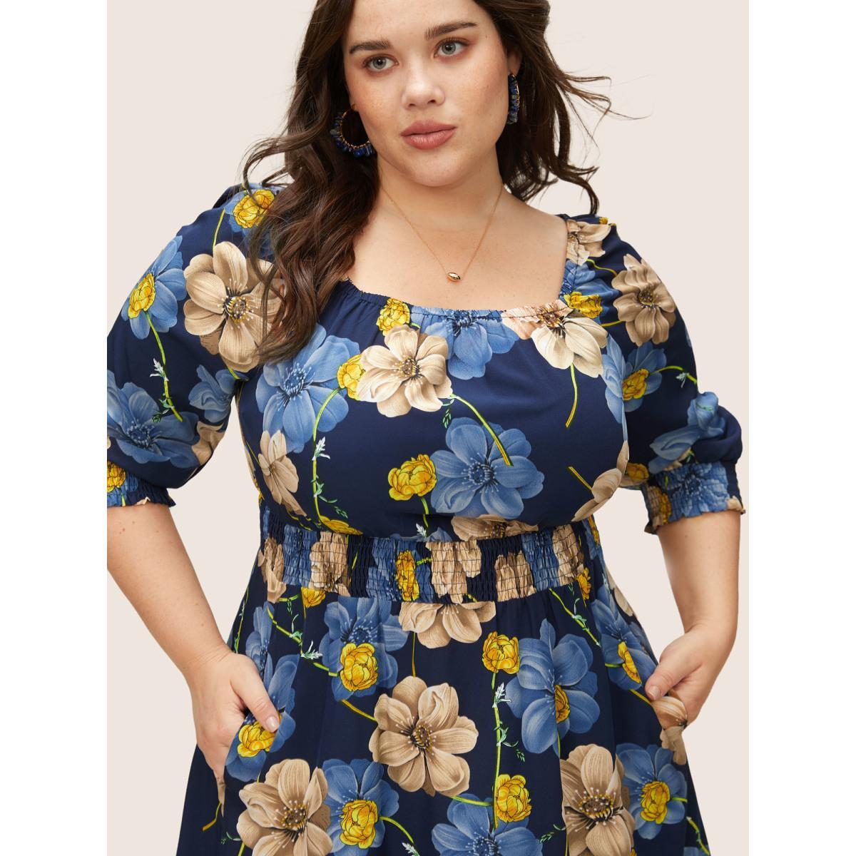Plus Size Floral Print Square Neck Shirred Cuffs Dress DarkBlue Women Elegant Non Square Neck Elbow-length sleeve Curvy Midi Dress BloomChic 30/6X Product Image