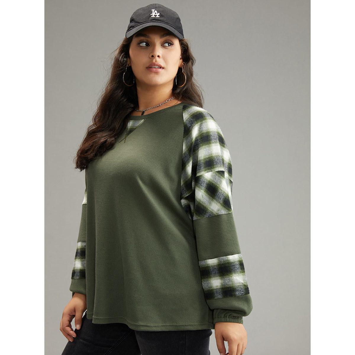 Plus Size Plaid Patchwork Rib Knit Elastic Cuffs Sweatshirt ArmyGreen Women Casual Elastic cuffs Plaid Round Neck Dailywear T-shirts BloomChic 26/4X Product Image
