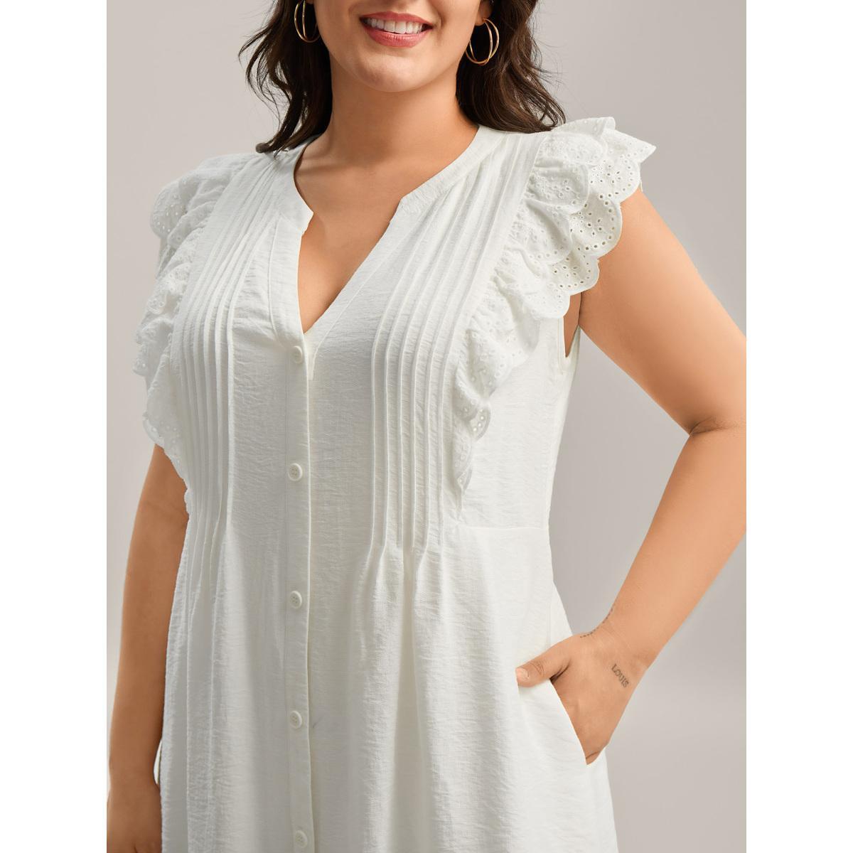 Plus Size Lace Trim Pleated Button Shirt Dress Originalwhite Women Flat collar with V-notch Cap Sleeve Curvy BloomChic 26/4X Product Image