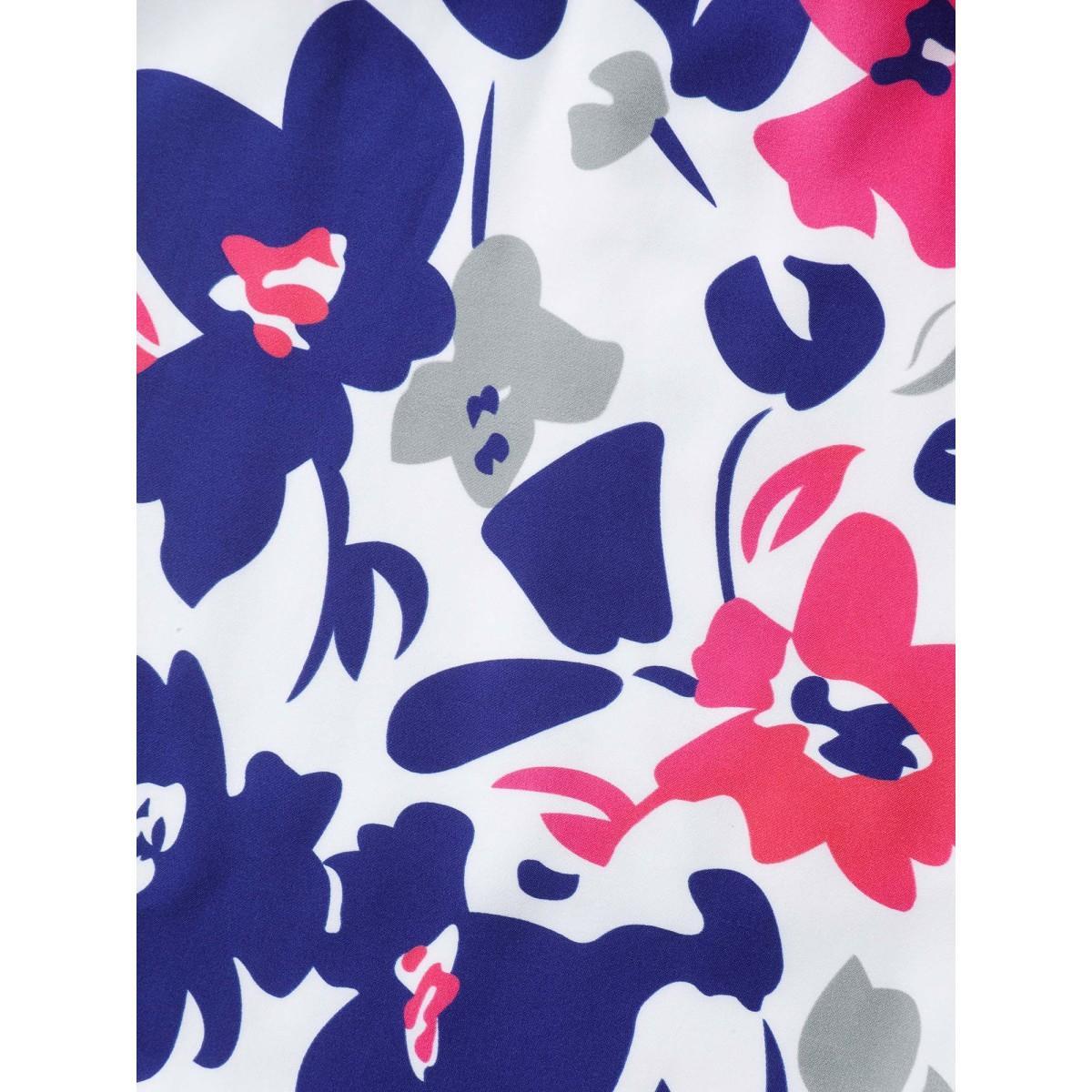 Plus Size Color Block Floral Print Notched Midi Dress Navy Women Flat collar with V-notch Cap Sleeve Curvy BloomChic 10/M Product Image