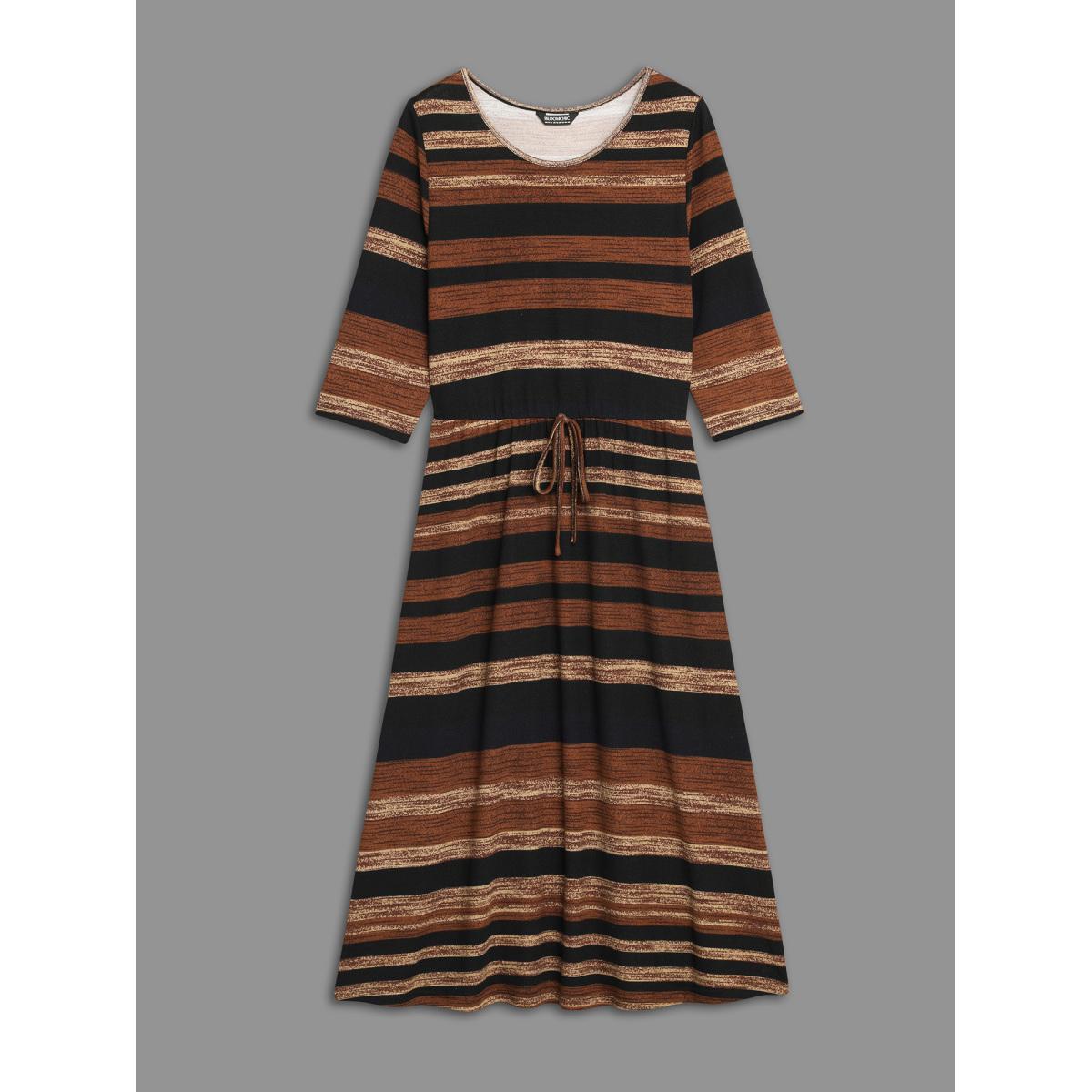 Plus Size Striped Elastic Waist Tie Knot Dress Yellowishbrown Women Resort Tie knot Round Neck Elbow-length sleeve Curvy BloomChic 22-24/3X Product Image